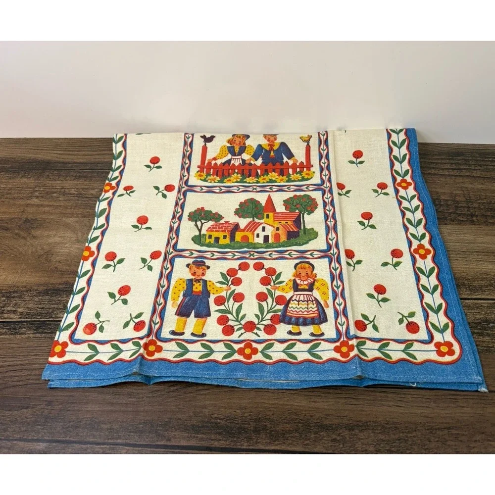 German Fabric Cotton Tea Towel Village Boy And Girl Folk Art Kitchen 15